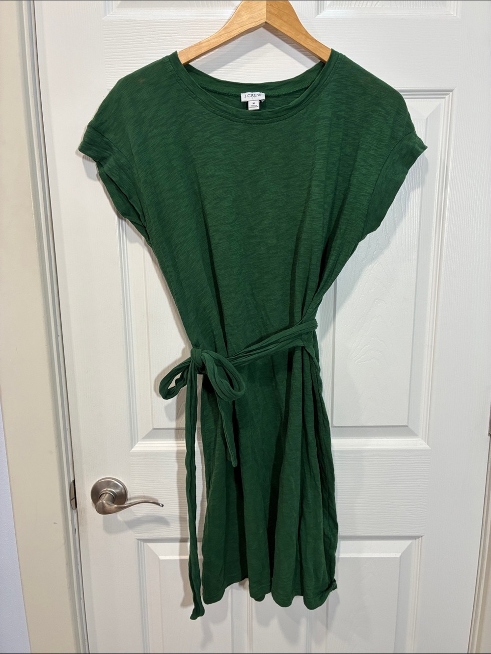 J. Crew Deep Green Short Sleeve Belted Midi Dress